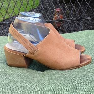 Eileen Fisher suede chunky heel open toe shoe.